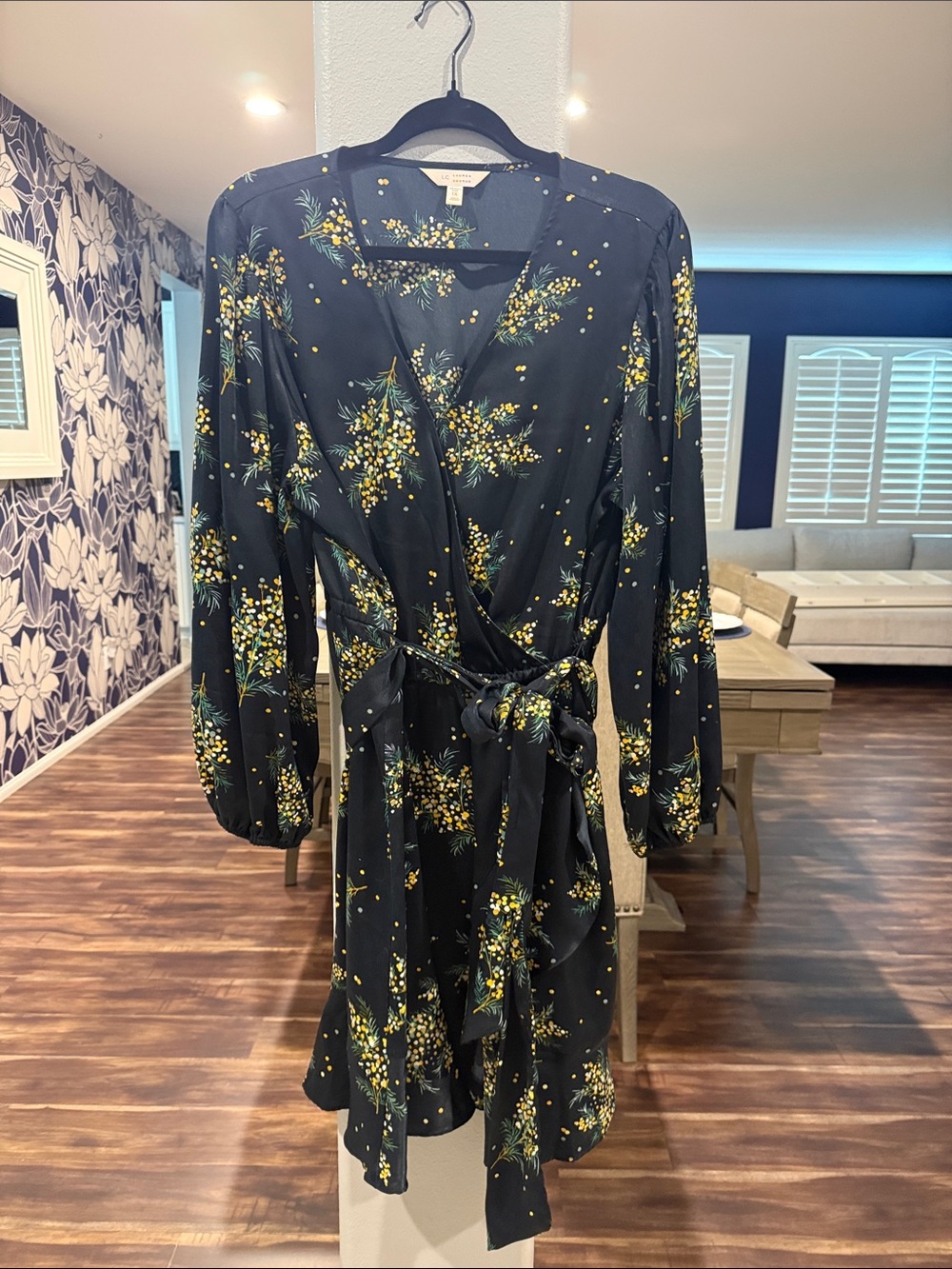 LC Lauren Conrad Dark Green Wrap Dress with Yellow Floral Print